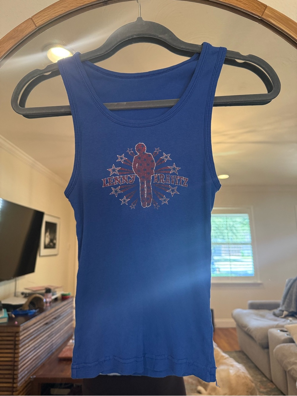 Lenny Kravitz Y2K style blue ribbed graphic tank